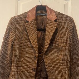 Ralph Lauren Tan Houndstooth Jacket with Leather Collar